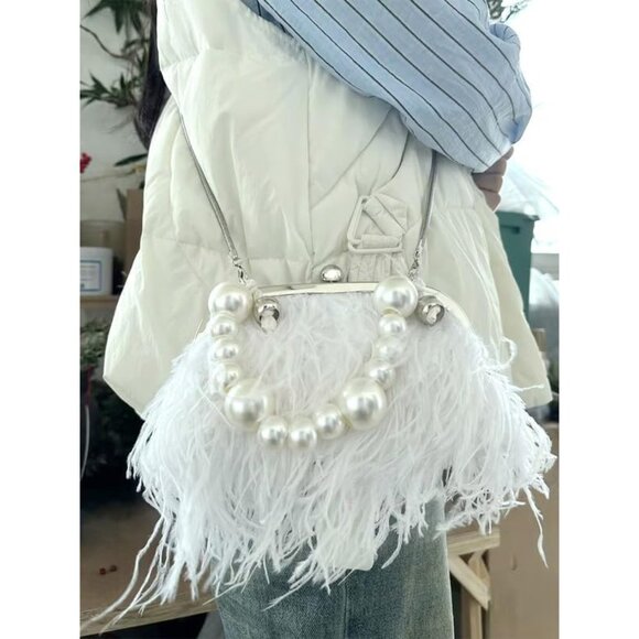 ⚡Women's Fluffy Ostrich Feather Pearl Banquet Evening White Clutch Bag - Picture 2 of 6